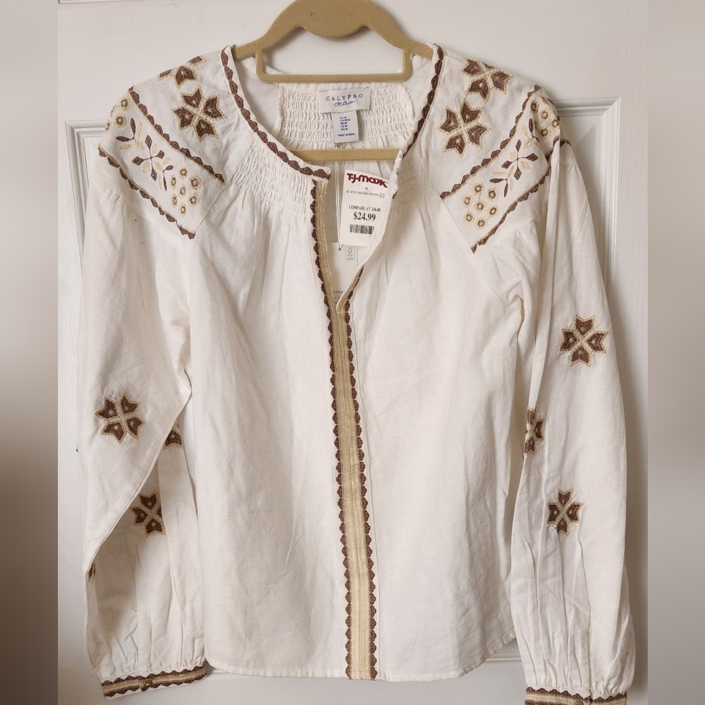 Calypso St. Barth Cream Blouse with Brown Embroidery